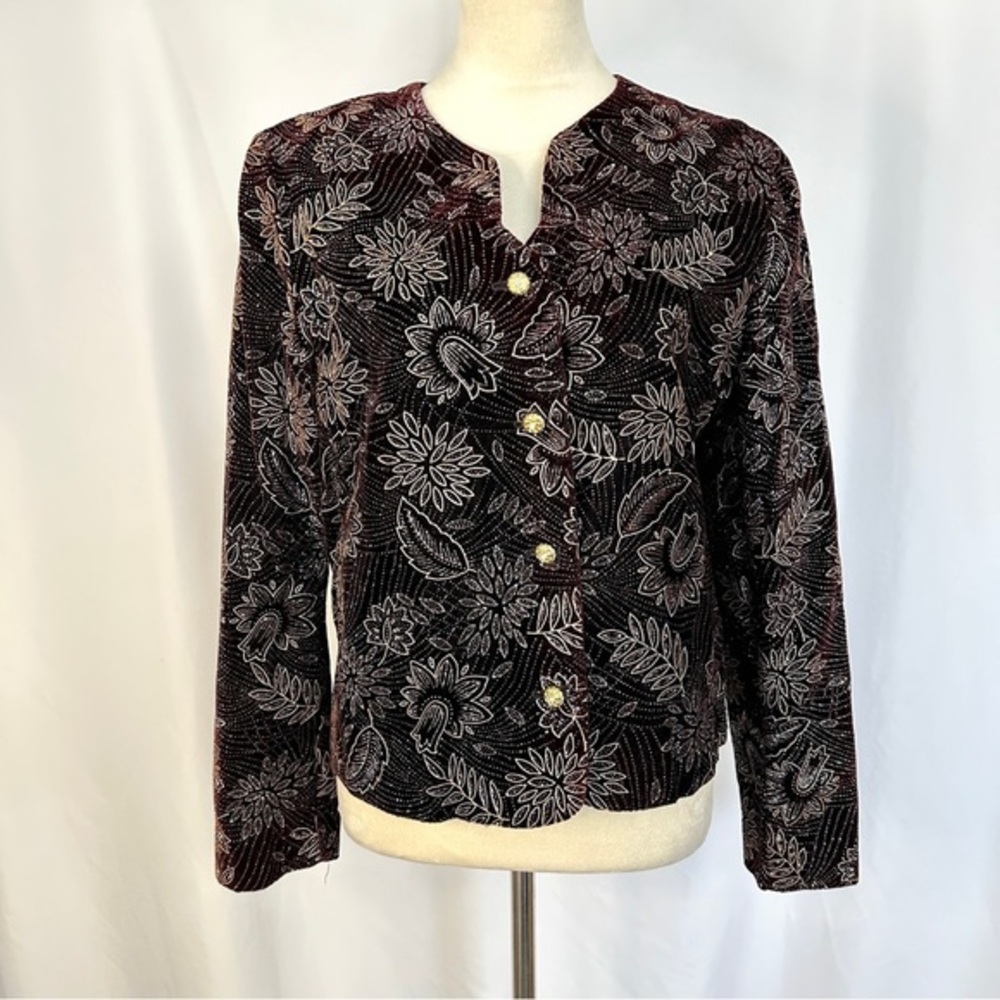 Vintage Norton McNaughton Blazer Womens 12 Glitter Velvet‎ Floral Made In USA